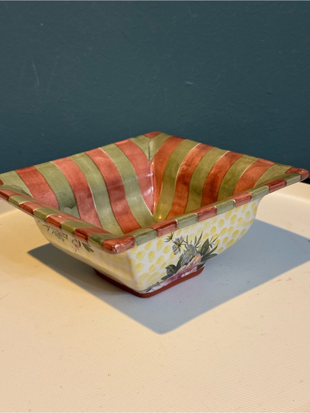 Vintage MACKENZIE-CHILDS TORQUAY Palm FRANK MUSTARD 6" Square Red Clay Bowl